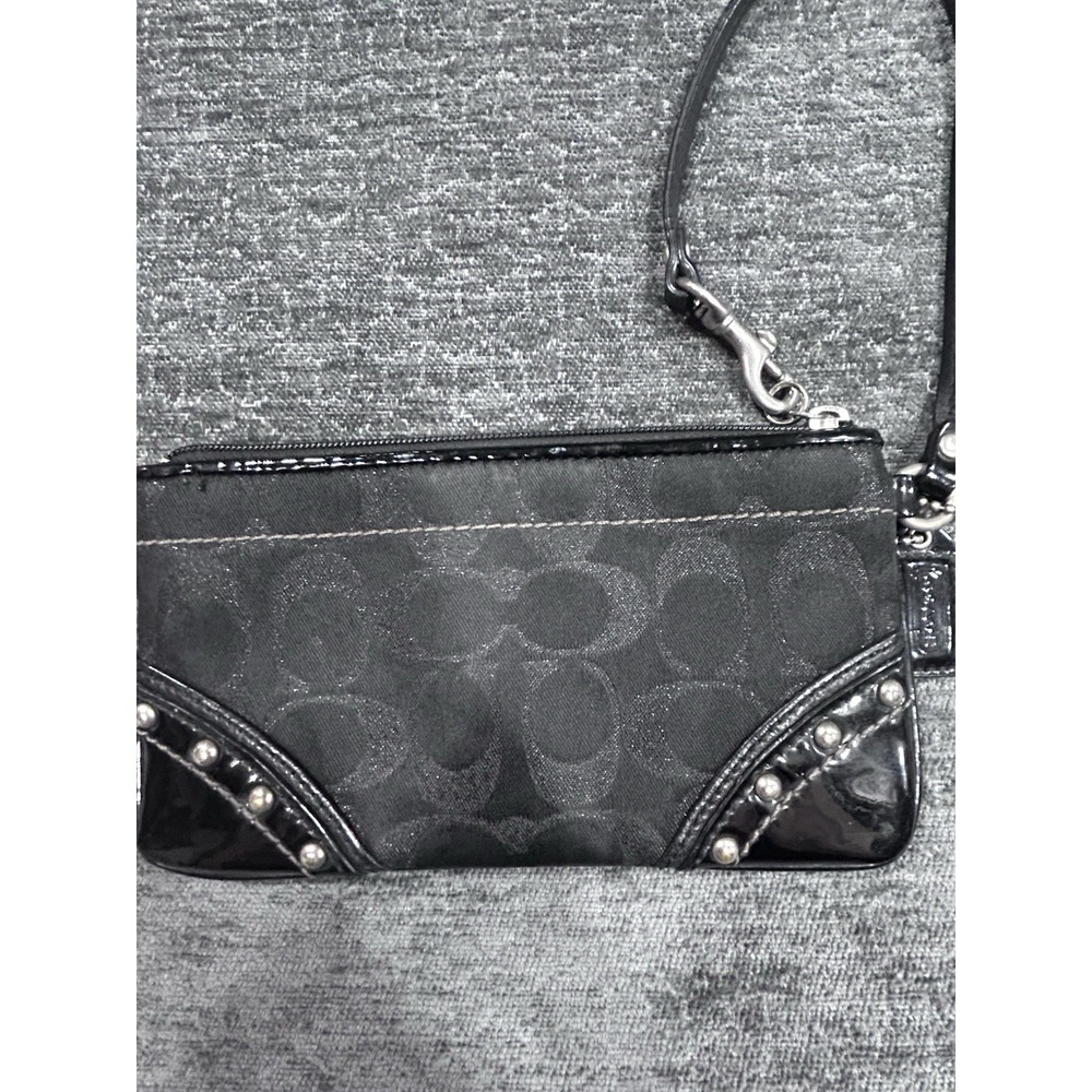 Coach Black Signature C Jacquard Studded Patent Leather Wristlet Clutch Y2K